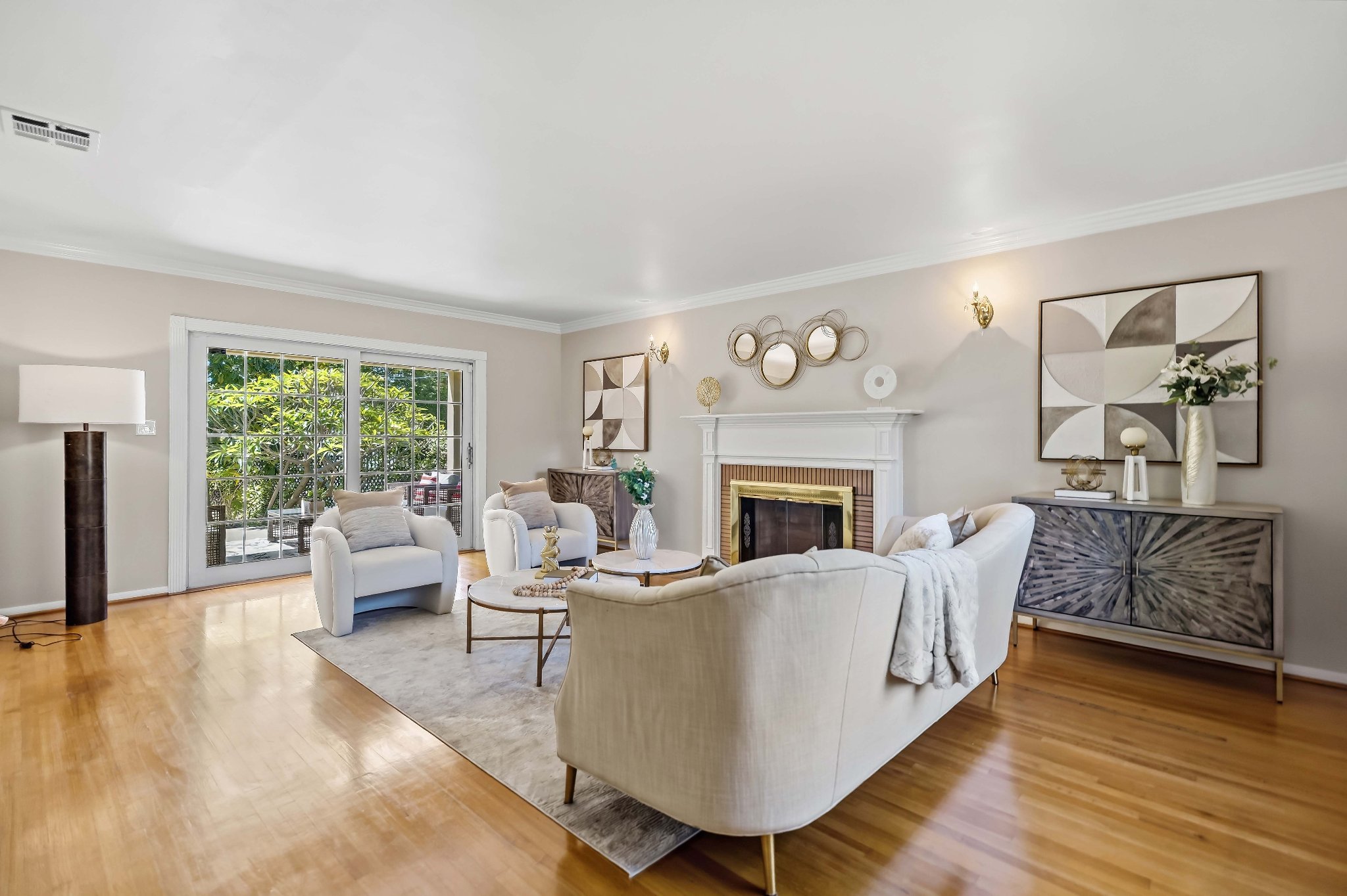 Living room with fireplace and hardwood floors